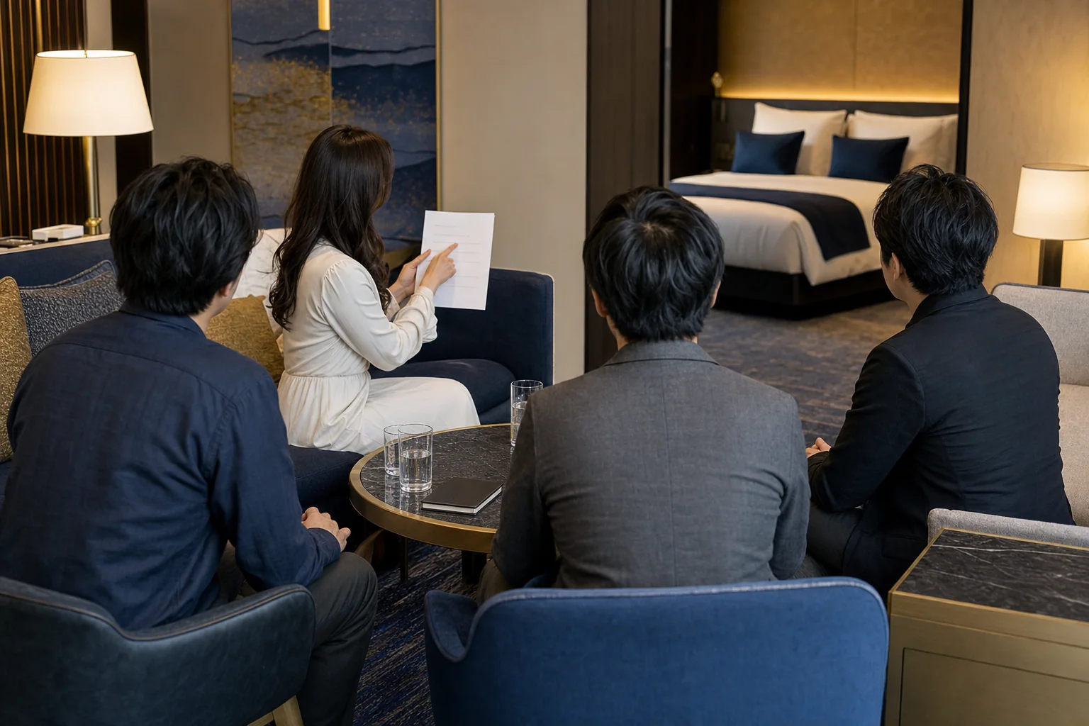 成人女性1名が成人男性3名へ参加条件を共有する再現イメージ